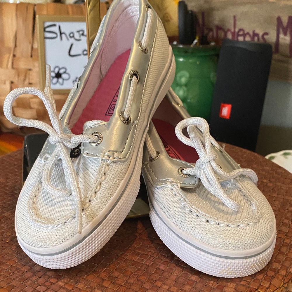 Sperry Top Sider Bahama Jr Glittery Shoes Platinum/Silver SZ Youth 9.5M